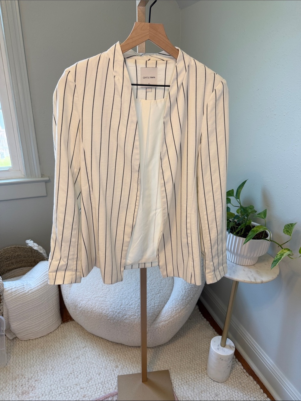 Gentle Fawn White Blazer with grayish blue Pinstripes